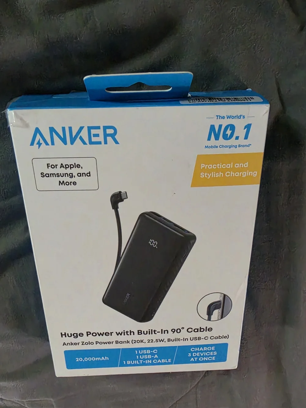 Anker Zolo 20,000mAh Power Bank with Built-In 90° Cable - Black